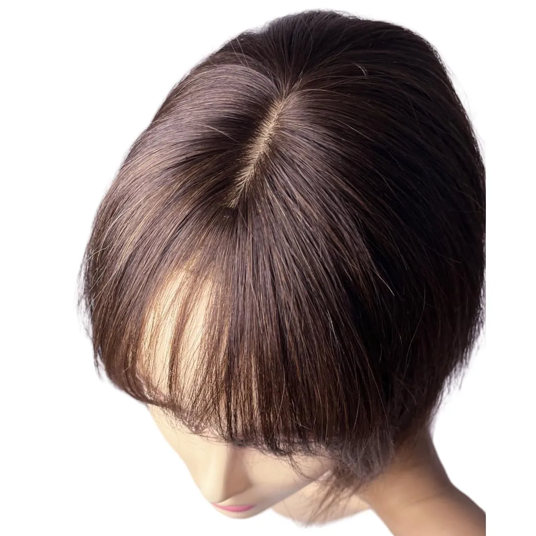 12x14 Lace Base Human Hair Toppers Invisible Middle Part Natural Hairpiece with Wispy Air Bangs Clip In Hair Extension 220% Density (Dark Brown, 8 inch)