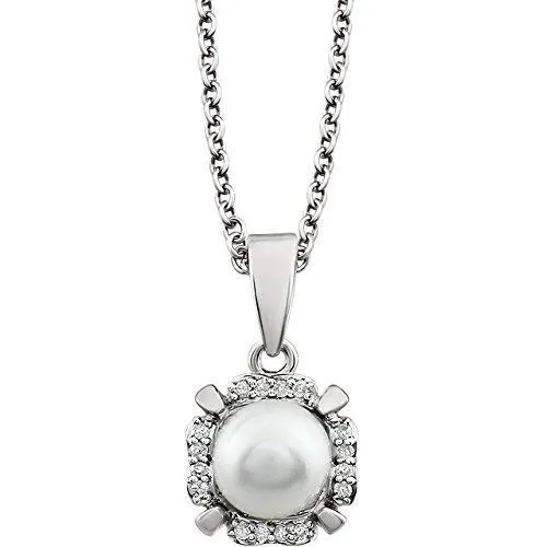 14 Karat White Gold June Birthstone Halo-Style Drop Pendant Featuring a 6.5-7mm Cultured White Freshwater Pearl and .05 ctw Natural Diamonds with 18 inch White Gold Cable Chain