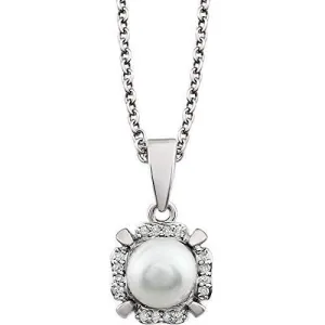 14 Karat White Gold June Birthstone Halo-Style Drop Pendant Featuring a 6.5-7mm Cultured White Freshwater Pearl and .05 ctw Natural Diamonds with 18 inch White Gold Cable Chain