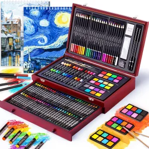 145 Piece Deluxe Art Set with 2 x 50 Sheet Drawing Pad, Drawing Painting Kit with Crayons, Art Supplies Wooden Art Box, Oil Pastels, Colored Pencils, Creative Gift Box for Adults Artist Beginners