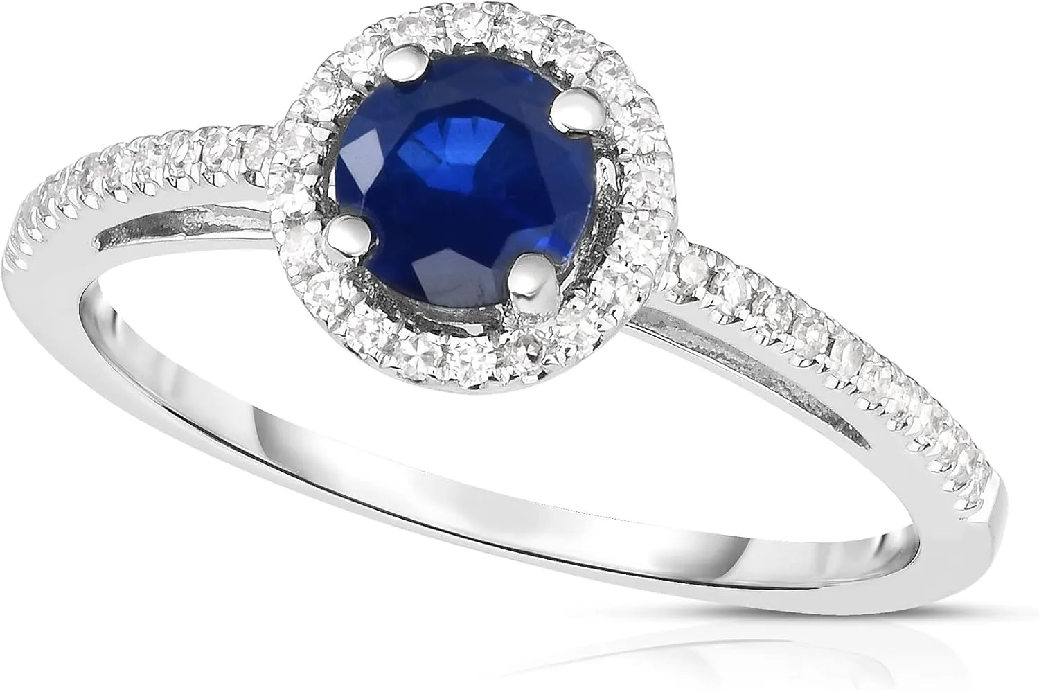 14K White Gold Genuine Sapphire or Tanzanite 5mm, Diamond Halo Ring. Size 7
