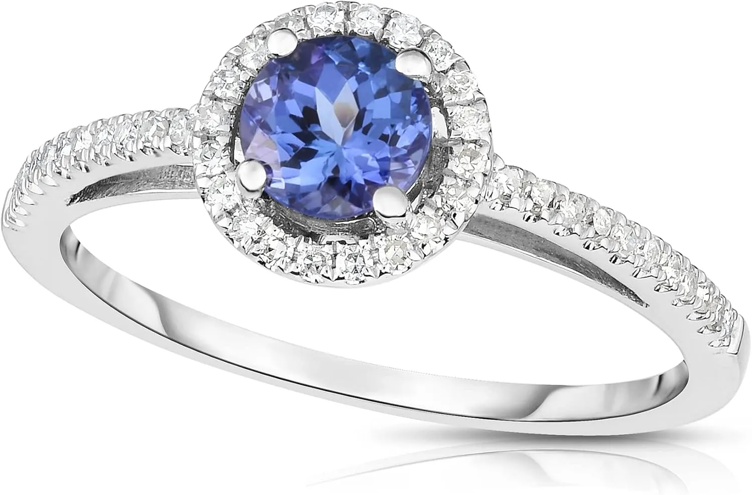 14K White Gold Genuine Sapphire or Tanzanite 5mm, Diamond Halo Ring. Size 7