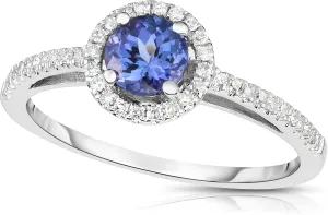 14K White Gold Genuine Sapphire or Tanzanite 5mm, Diamond Halo Ring. Size 7