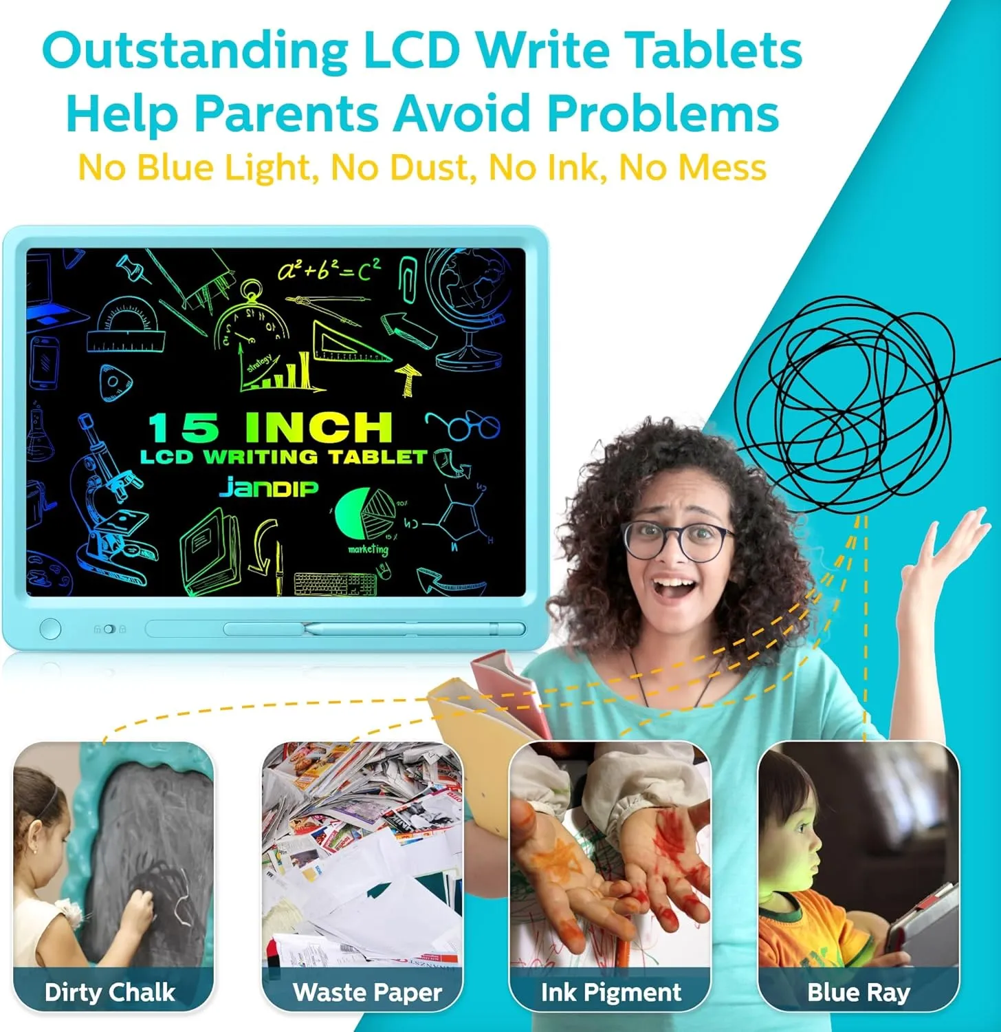 15-inch LCD Writing Tablet for Kids，Doodle Boards for Children 3-12 Year Old, Educational Toys, Magnetic Planning Board for Fridge（Blue）