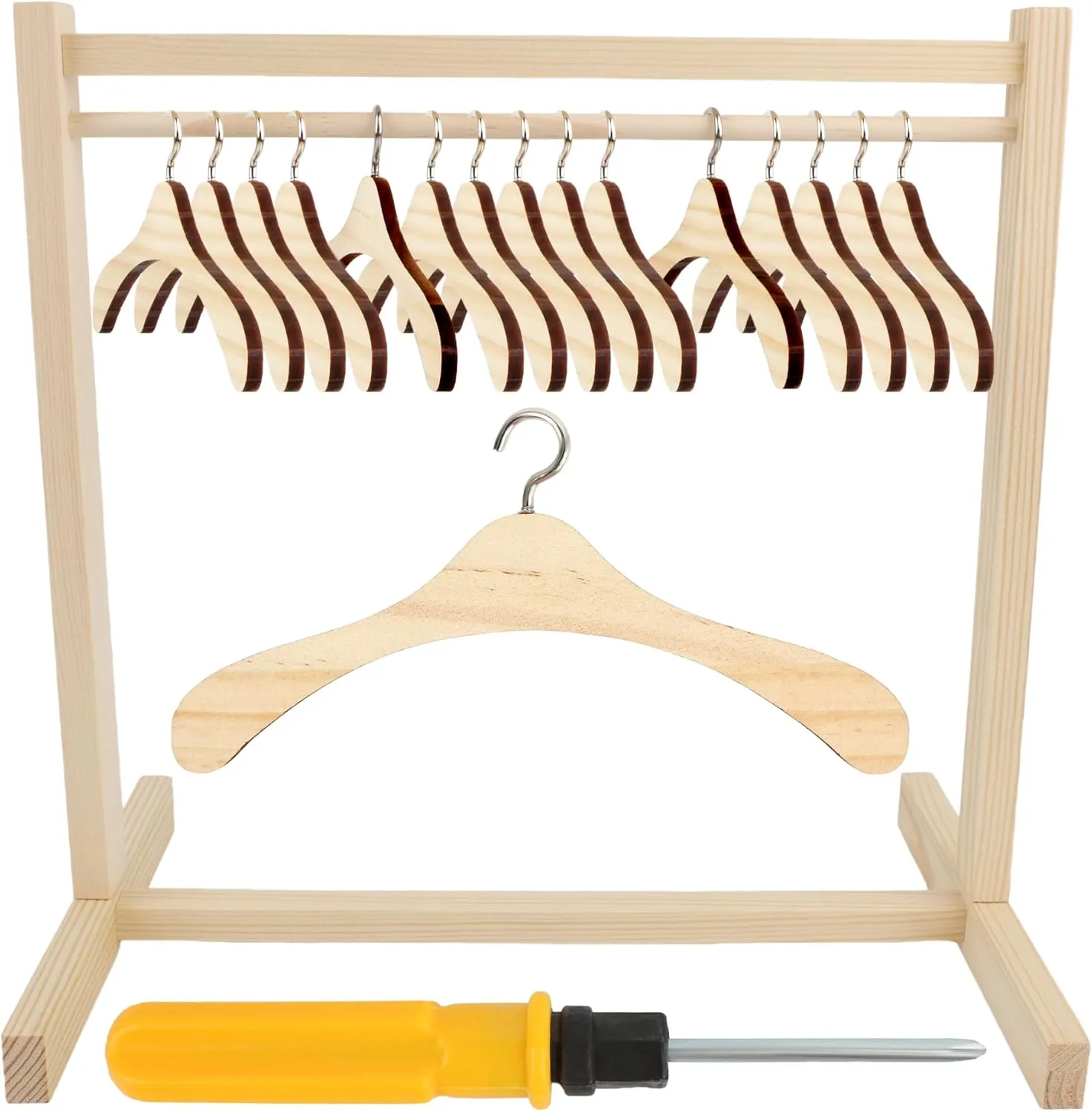 17 Pcs Wood Doll Garment Rack with Wooden Clothes Hanger Mini Wooden Girl Doll Clothes Hanger Organizer Storage Shelf for 18 Inch Girl Doll Clothes Baby Dollhouse
