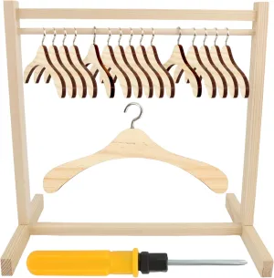 17 Pcs Wood Doll Garment Rack with Wooden Clothes Hanger Mini Wooden Girl Doll Clothes Hanger Organizer Storage Shelf for 18 Inch Girl Doll Clothes Baby Dollhouse