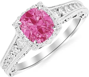 1.75 Carat Designer Halo Channel Set Round Diamond Engagement Ring with Milgrain 14K Gold with a 1 Carat Cushion Cut AAA Quality Pink Sapphire (Heirloom Quality)