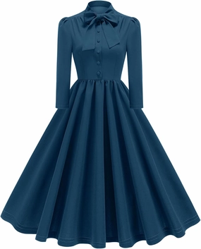1950s Dresses for Women Vintage Rockabilly Retro 3/4 Puff Sleeve Tie Midi Dress Cocktail Party Evening Prom Gown