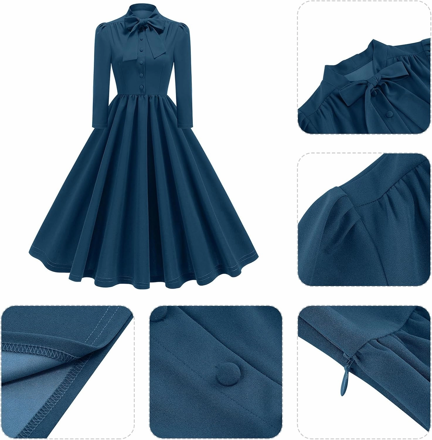 1950s Dresses for Women Vintage Rockabilly Retro 3/4 Puff Sleeve Tie Midi Dress Cocktail Party Evening Prom Gown