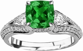 1.25 Carat t.w 14K White Gold Bostonian Three 3 Stone Split Shank Diamond Engagement Ring w/a 0.75 Carat Cushion Cut Green Emerald Heirloom Quality