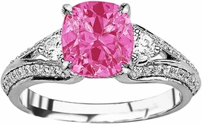 1.25 Carat t.w 14K White Gold Bostonian Three 3 Stone Split Shank Diamond Engagement Ring w/a 0.75 Carat Cushion Cut Pink Sapphire Heirloom Quality