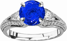 1.25 Carat t.w 14K White Gold Bostonian Three 3 Stone Split Shank Diamond Engagement Ring w/a 0.75 Carat Round Cut Blue Sapphire Heirloom Quality