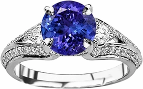 1.25 Carat t.w 14K White Gold Bostonian Three 3 Stone Split Shank Diamond Engagement Ring w/a 0.75 Carat Round Cut Purple Tanzanite Heirloom Quality