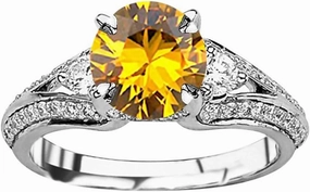 1.25 Carat t.w 14K White Gold Bostonian Three 3 Stone Split Shank Diamond Engagement Ring w/a 0.75 Carat Round Cut Yellow Citrine Heirloom Quality