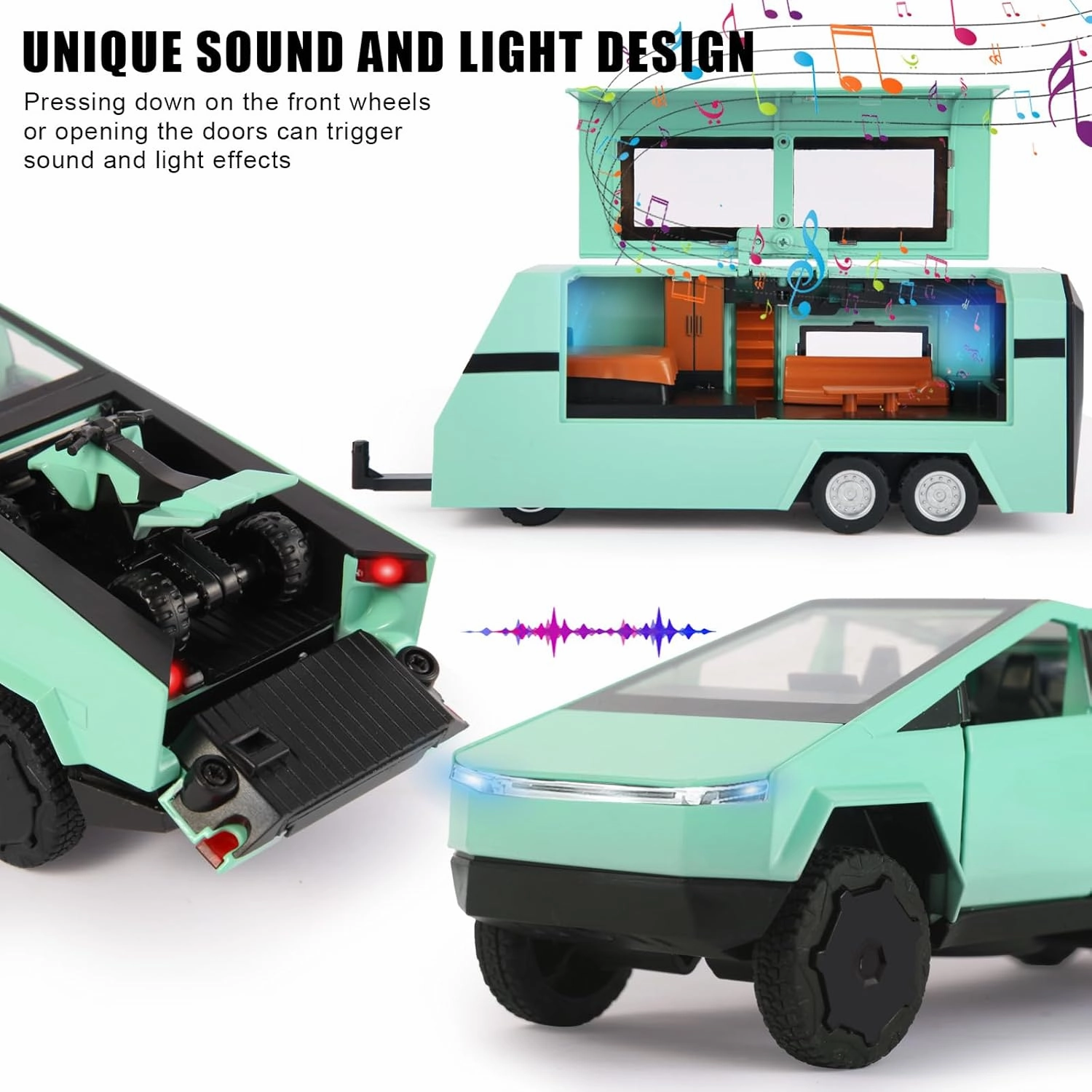 1/32 Scale Toy Car Metal Model for Kid, Alloy Diecast Pickup Trailer RV Model Kit,Toy Trucks with Sound and Light, Off-Road Vehicle Collections for Boy Girl Toddler Birthday（Green）