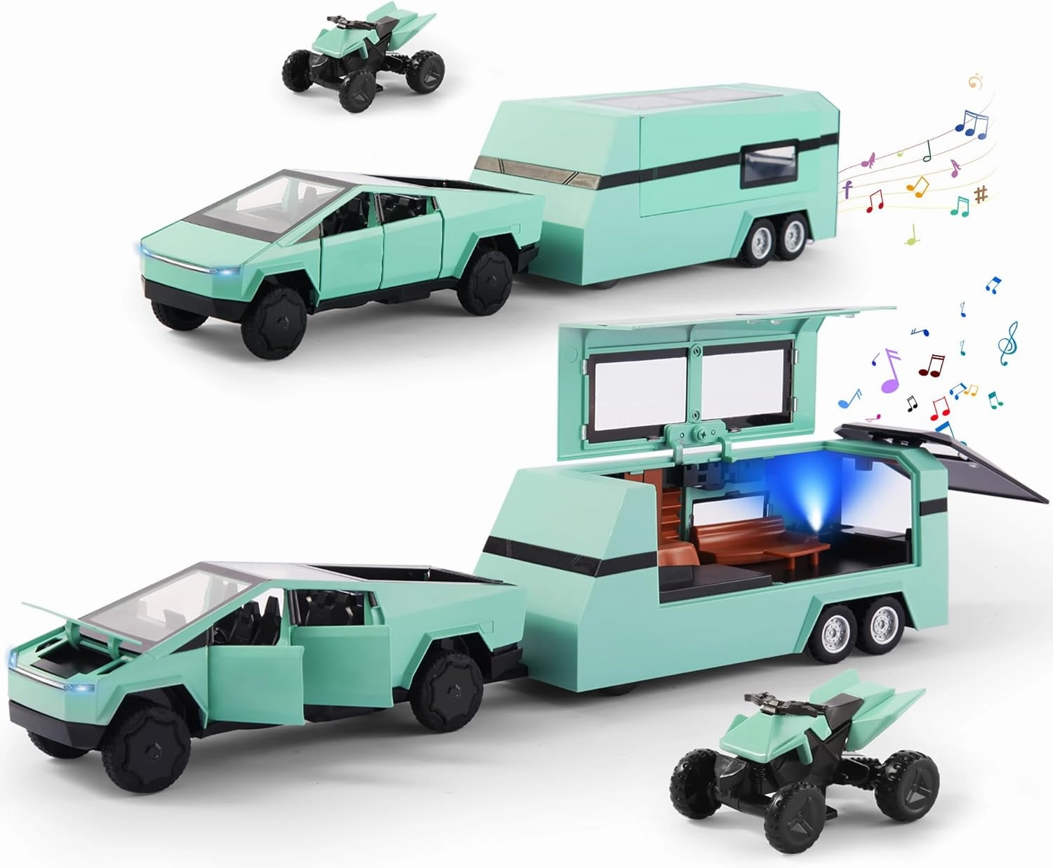 1/32 Scale Toy Car Metal Model for Kid, Alloy Diecast Pickup Trailer RV Model Kit,Toy Trucks with Sound and Light, Off-Road Vehicle Collections for Boy Girl Toddler Birthday（Green）