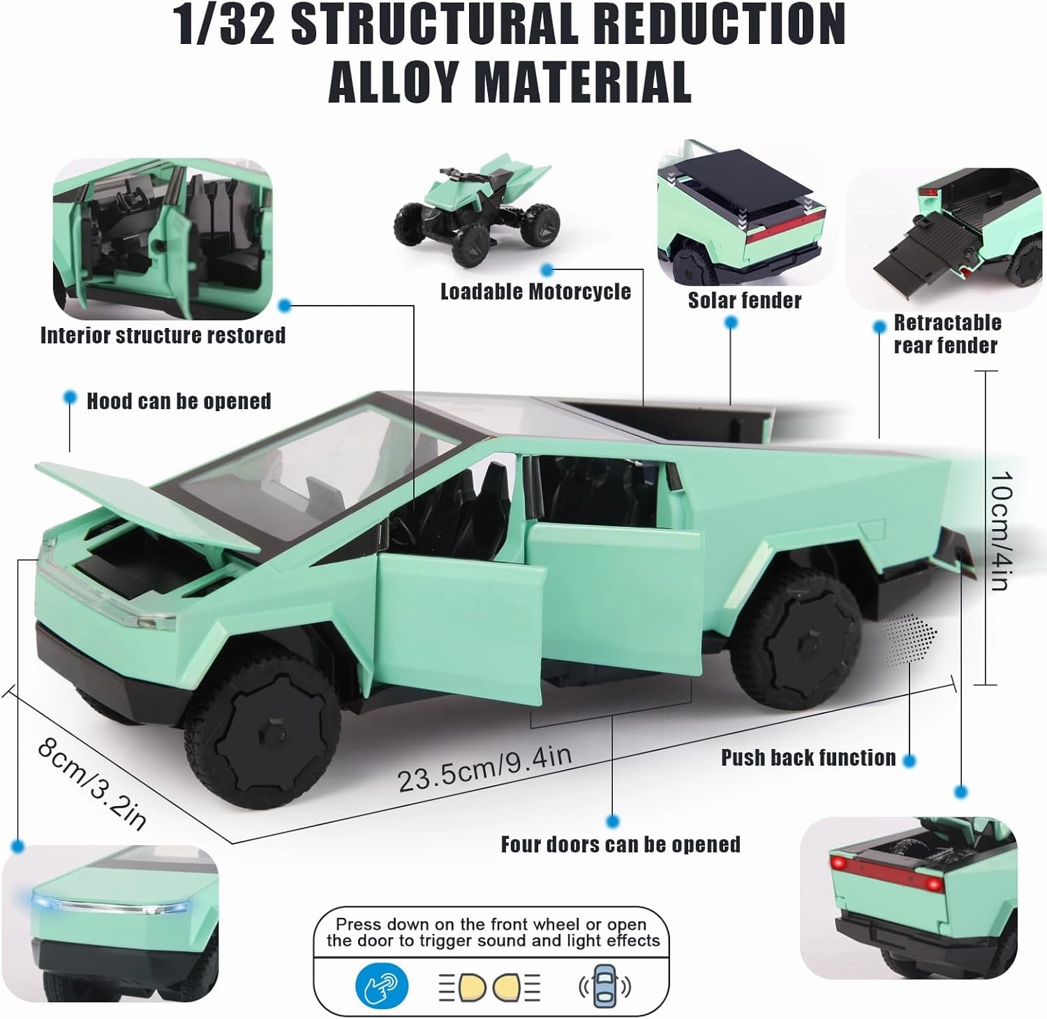 1/32 Scale Toy Car Metal Model for Kid, Alloy Diecast Pickup Trailer RV Model Kit,Toy Trucks with Sound and Light, Off-Road Vehicle Collections for Boy Girl Toddler Birthday（Green）