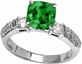 1.3 Carat t.w 14K White Gold Three Row Bostonian 3 Stone Pave Set Diamond Engagement Ring w/a 0.75 Carat Cushion Cut Green Emerald Heirloom Quality