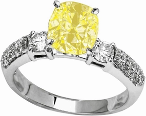 1.55 Carat t.w 14K White Gold Three Row Bostonian 3 Stone Pave Set Diamond Engagement Ring w/a 1 Carat Cushion Cut Yellow Diamond Heirloom Quality
