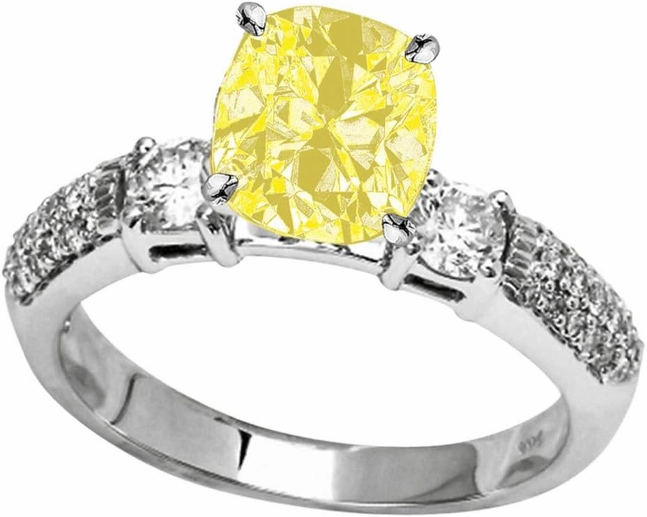 1.55 Carat t.w 14K White Gold Three Row Bostonian 3 Stone Pave Set Diamond Engagement Ring w/a 1 Carat Cushion Cut Yellow Diamond Heirloom Quality