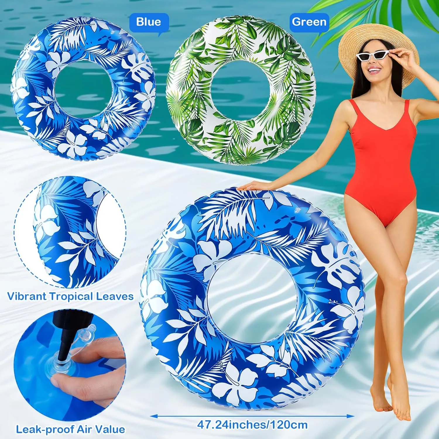 2 Pcs Large Adult Float Tube 47.24 Inches Hawaii Inflatable Pool Ring Floats Single Sided Tropical Leaves Inflatable Pool Tube Rings Swimming Ring for Adults Summer Beach