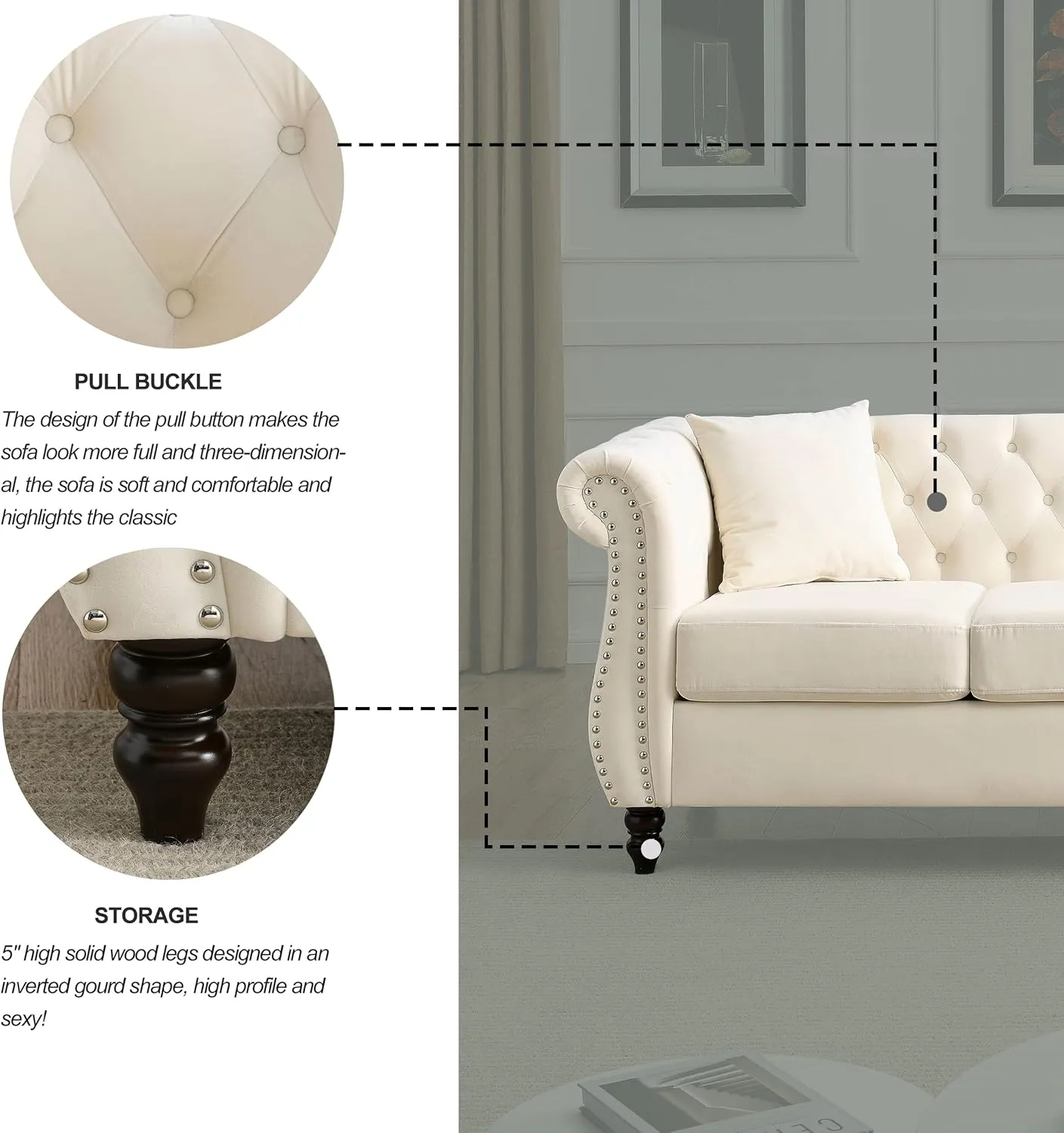 2 Piece Chesterfield Velvet Combination Sofa for Living Room,3-Seater and Loveseat Sofa Set Tufted Couch with 4 Pillows,Rolled Arms and Nailhead for Living Room, Bedroom, Office Beige