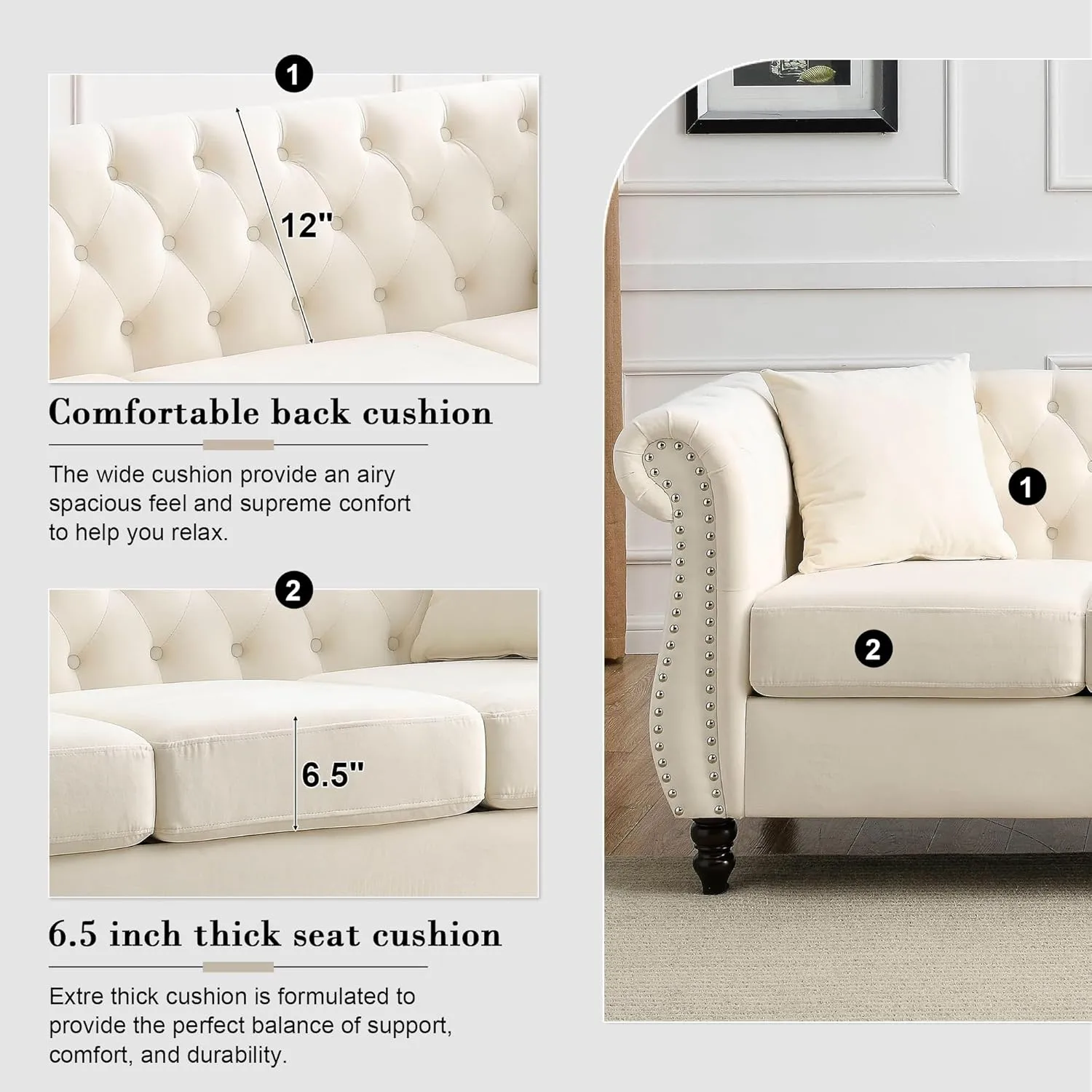 2 Piece Chesterfield Velvet Combination Sofa for Living Room,3-Seater and Loveseat Sofa Set Tufted Couch with 4 Pillows,Rolled Arms and Nailhead for Living Room, Bedroom, Office Beige
