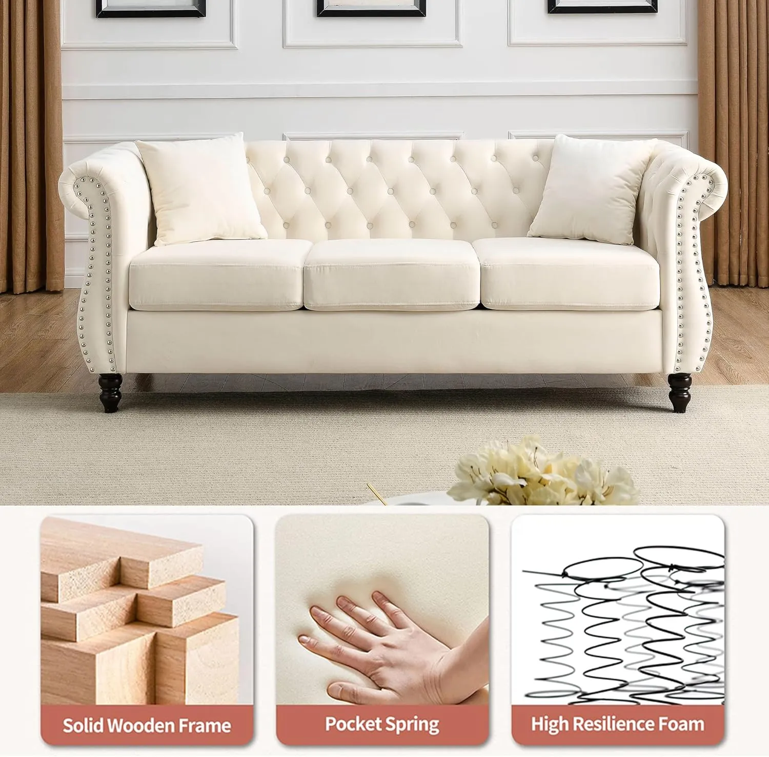 2 Piece Chesterfield Velvet Combination Sofa for Living Room,3-Seater and Loveseat Sofa Set Tufted Couch with 4 Pillows,Rolled Arms and Nailhead for Living Room, Bedroom, Office Beige