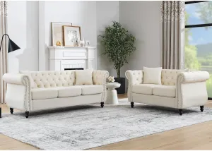 2 Piece Chesterfield Velvet Combination Sofa for Living Room,3-Seater and Loveseat Sofa Set Tufted Couch with 4 Pillows,Rolled Arms and Nailhead for Living Room, Bedroom, Office Beige
