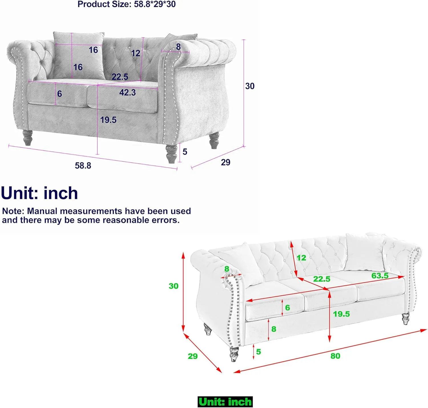 2 Piece Chesterfield Velvet Combination Sofa for Living Room,3-Seater and Loveseat Sofa Set Tufted Couch with 4 Pillows,Rolled Arms and Nailhead for Living Room, Bedroom, Office Beige