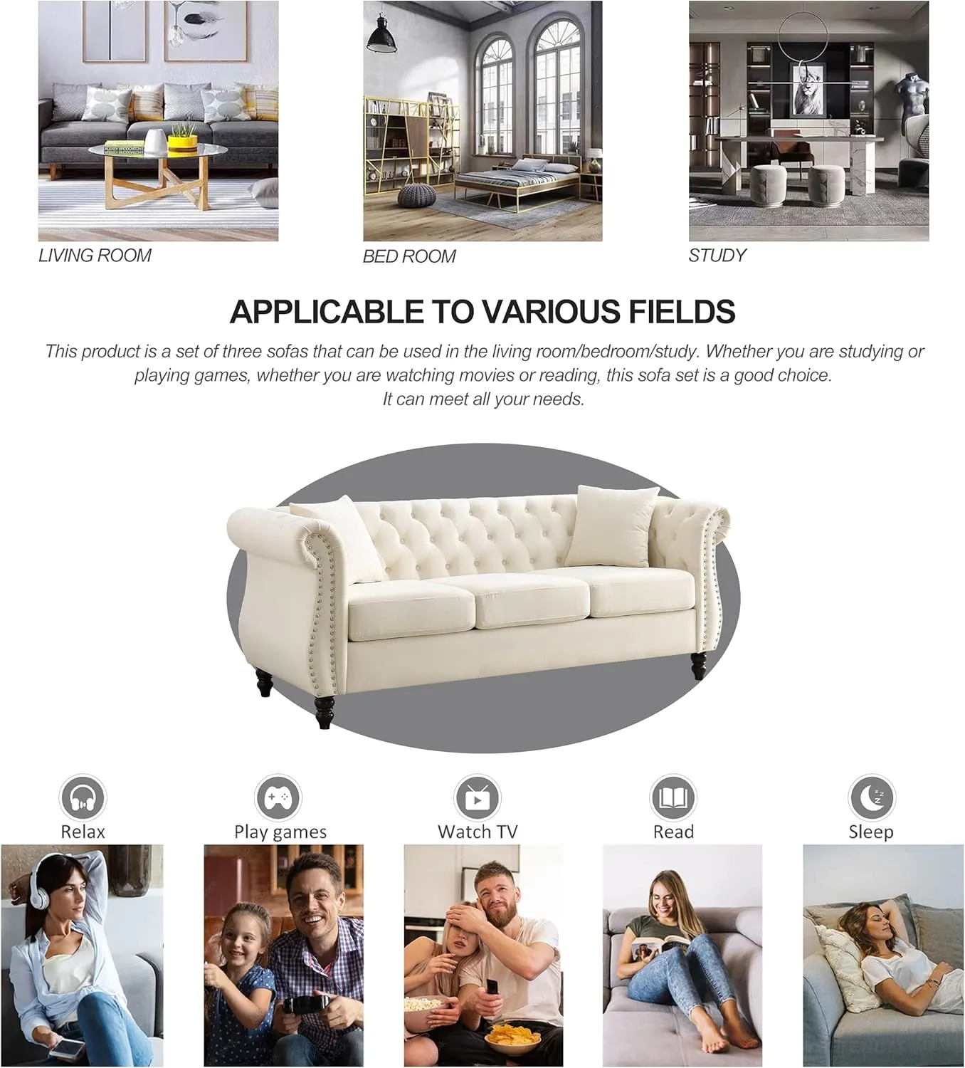 2 Piece Chesterfield Velvet Combination Sofa for Living Room,3-Seater and Loveseat Sofa Set Tufted Couch with 4 Pillows,Rolled Arms and Nailhead for Living Room, Bedroom, Office Beige