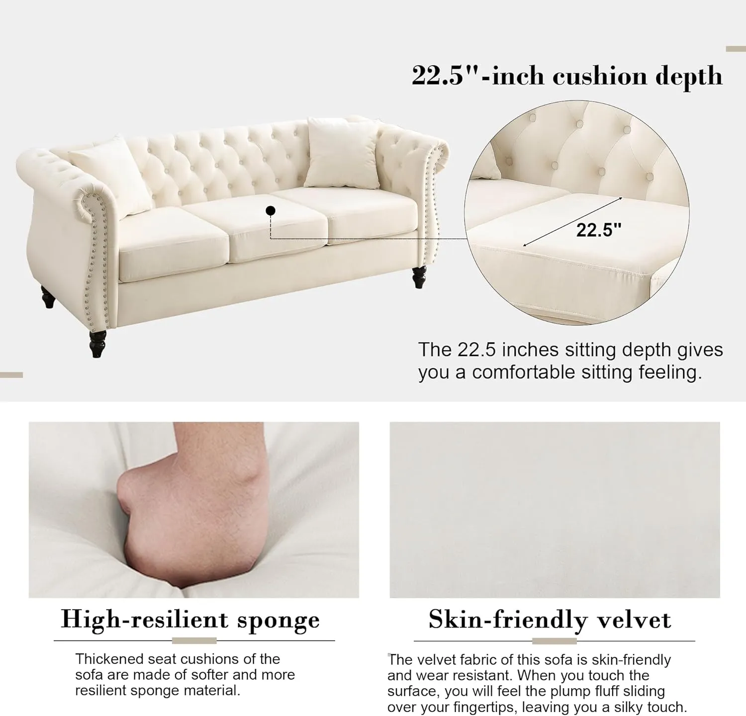 2 Piece Chesterfield Velvet Combination Sofa for Living Room,3-Seater and Loveseat Sofa Set Tufted Couch with 4 Pillows,Rolled Arms and Nailhead for Living Room, Bedroom, Office Beige