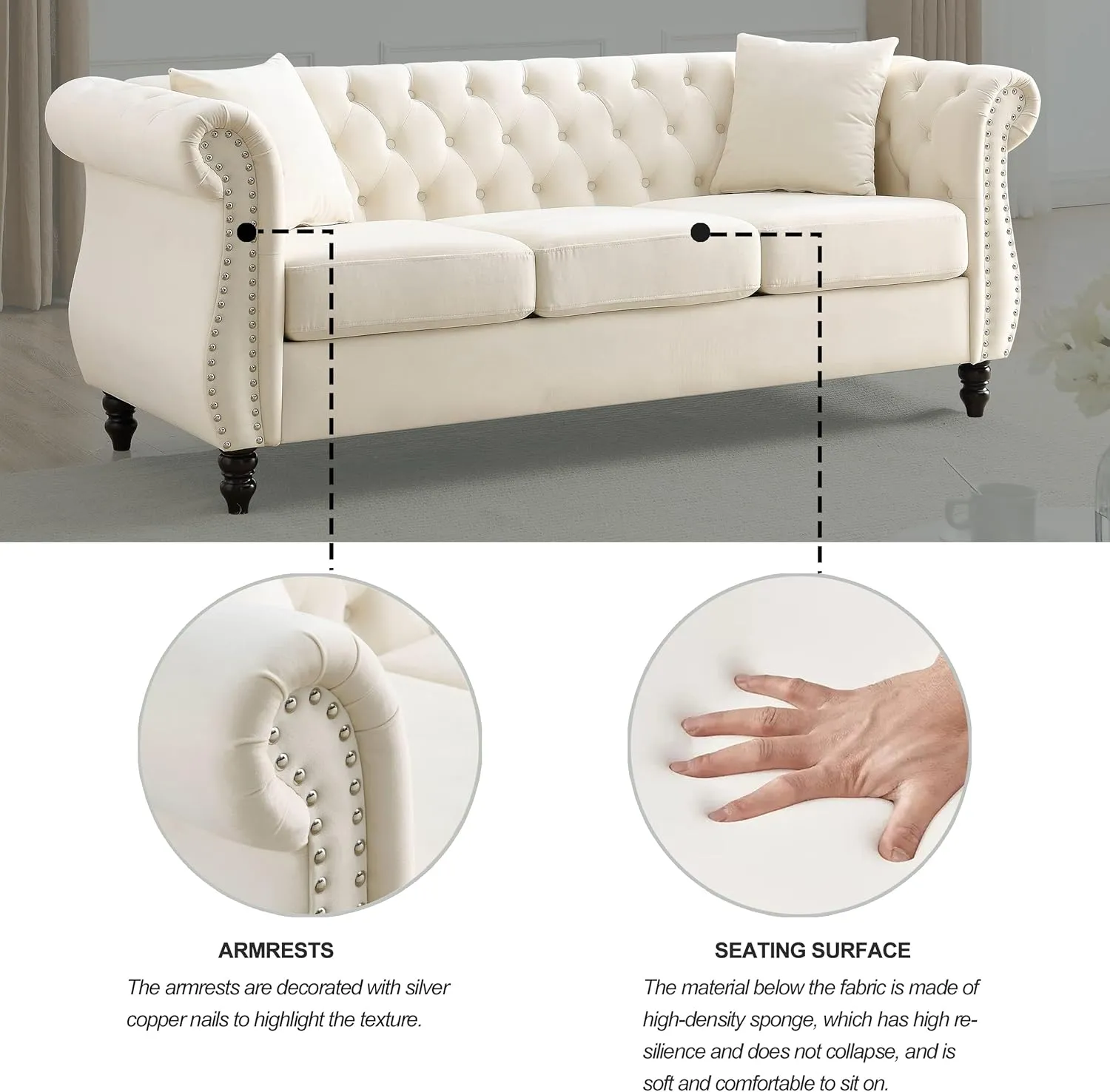 2 Piece Chesterfield Velvet Combination Sofa for Living Room,3-Seater and Loveseat Sofa Set Tufted Couch with 4 Pillows,Rolled Arms and Nailhead for Living Room, Bedroom, Office Beige