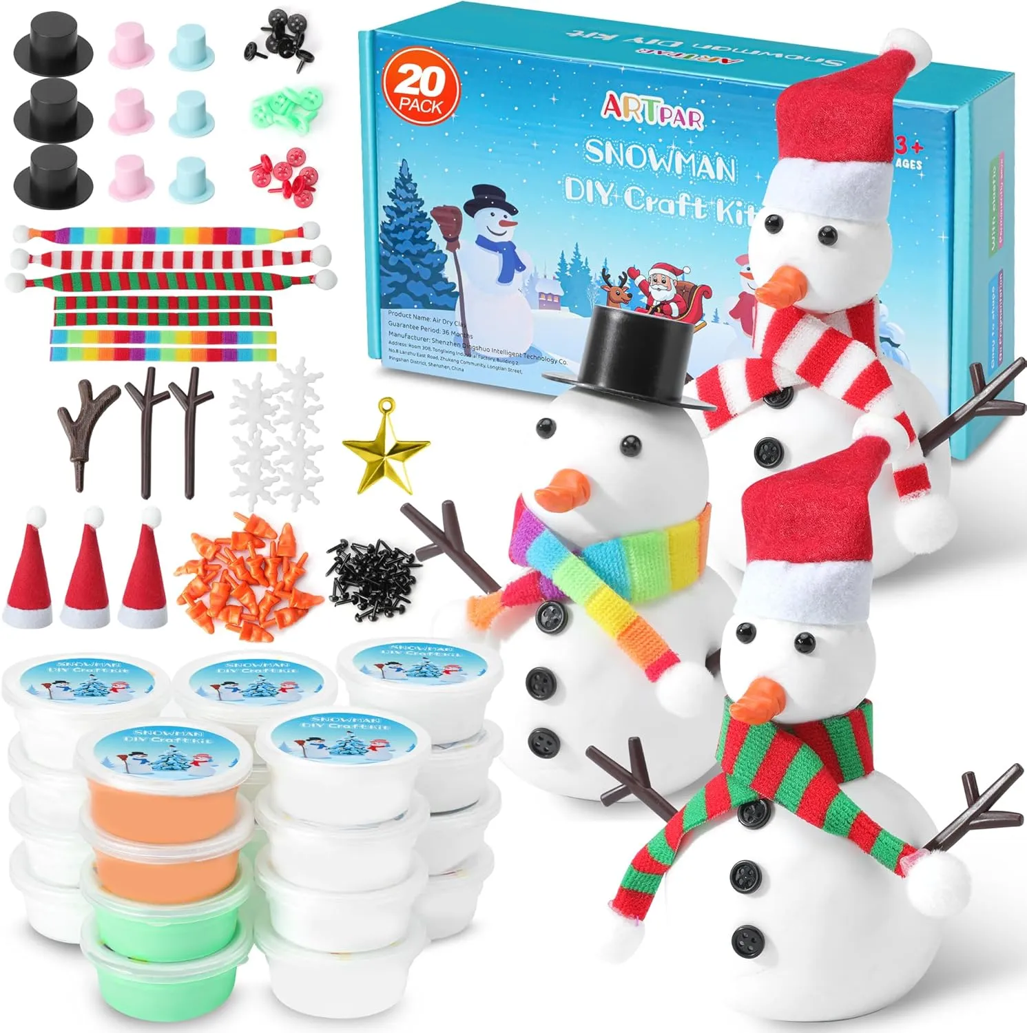 20 Pack Modeling Clay DIY Snowman Kit,Air Dry Clay Snowman Crafts for Kids,Christmas Stocking Stuffers for Kids,Christmas Crafts Xmas Gift
