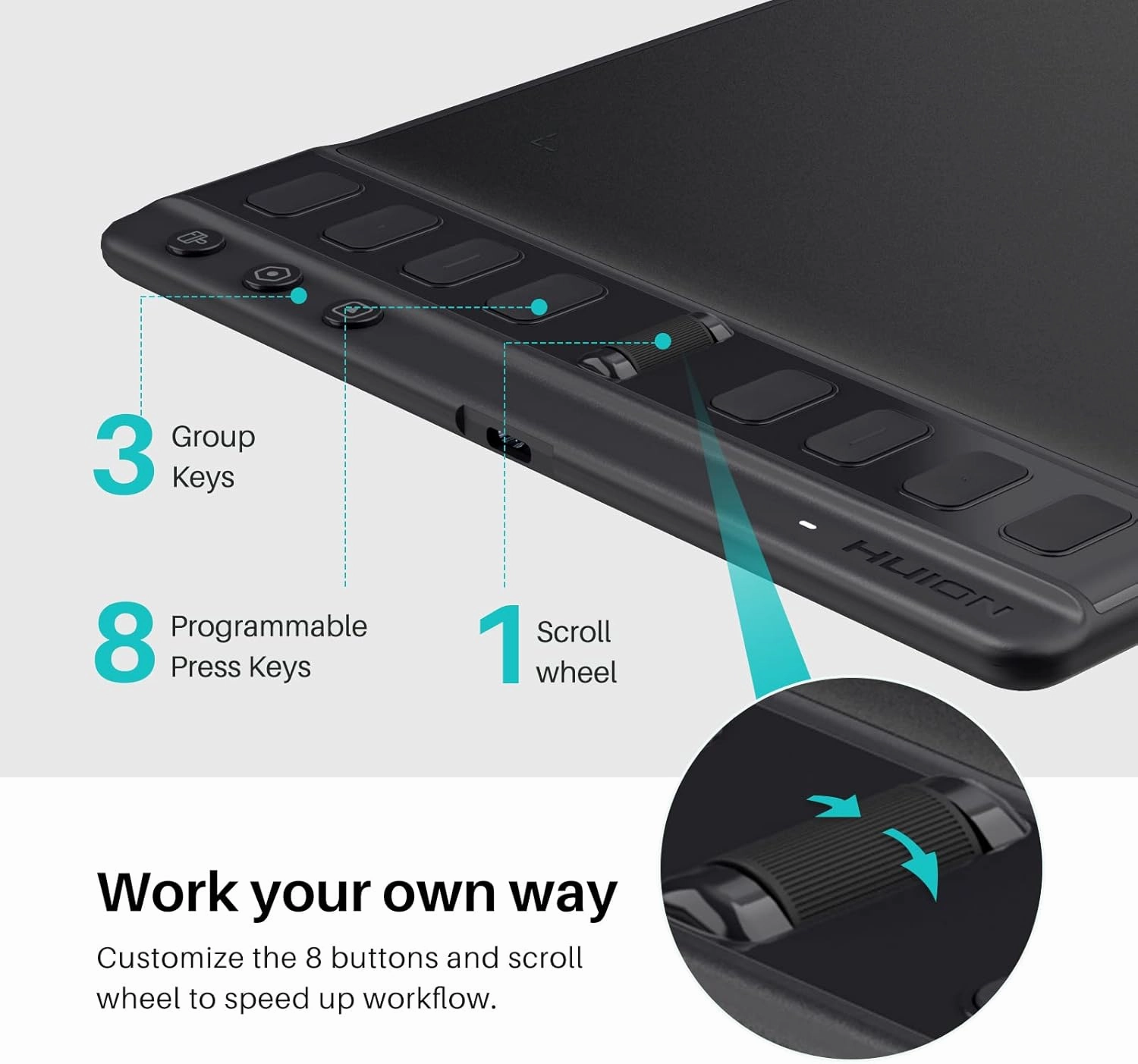 2023 HUION Inspiroy 2 Medium Drawing Tablet with Scroll Wheel 8 Customized Keys Battery-Free Stylus 60° Tilt Support for Digital Art, Design, Sketch, 9x5inch Graphics Tablet, Black