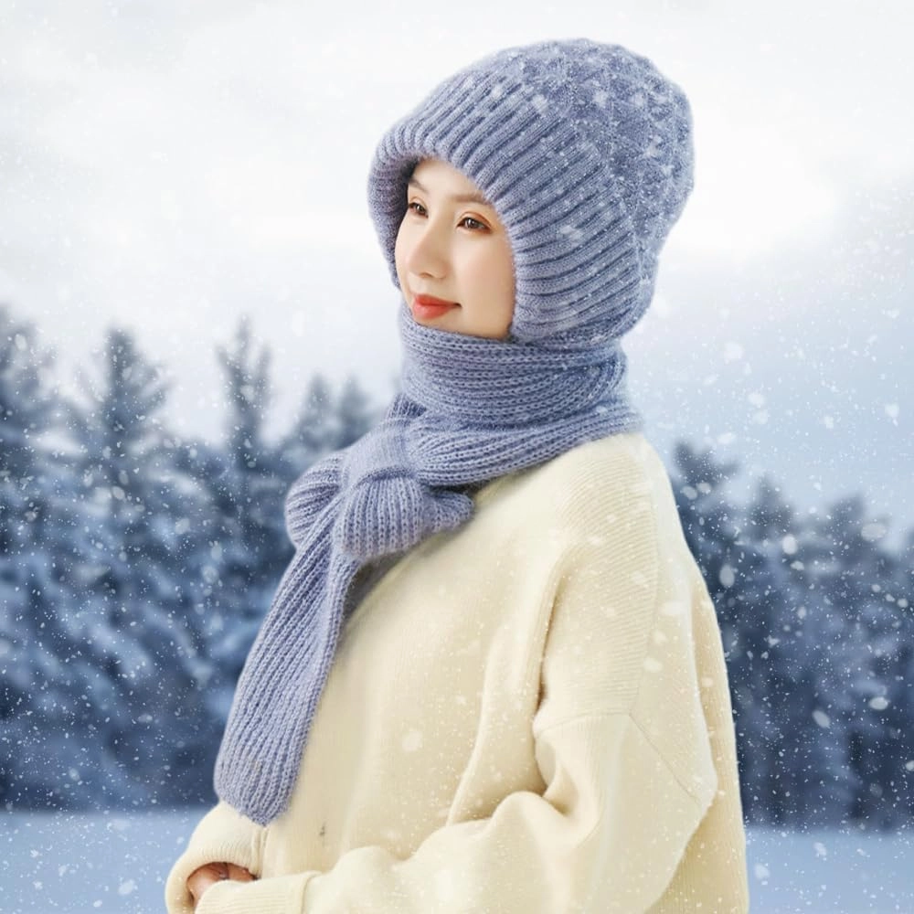 2024 New Integrated Ear Protection Windproof Cap Scarf, Winter Warm Knitting Thick Warm Ear Guard Hat Scarf for Women