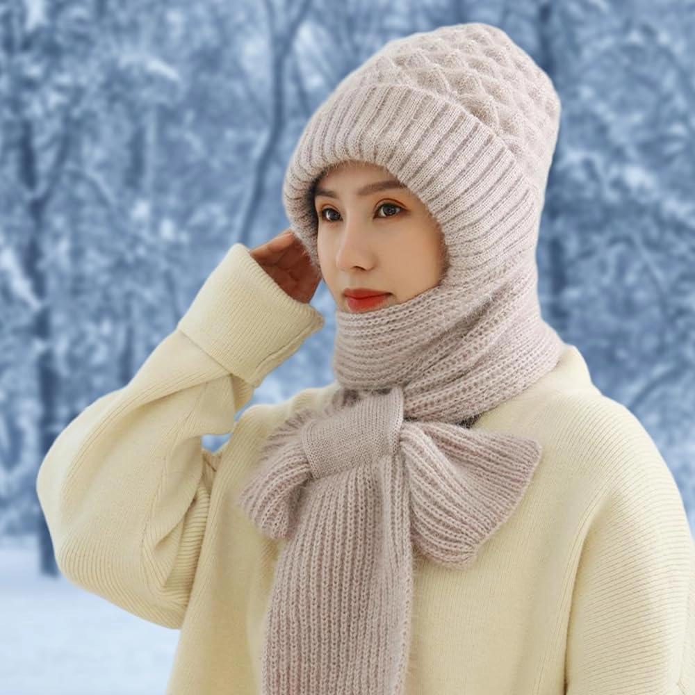 2024 New Integrated Ear Protection Windproof Cap Scarf, Winter Warm Knitting Thick Warm Ear Guard Hat Scarf for Women