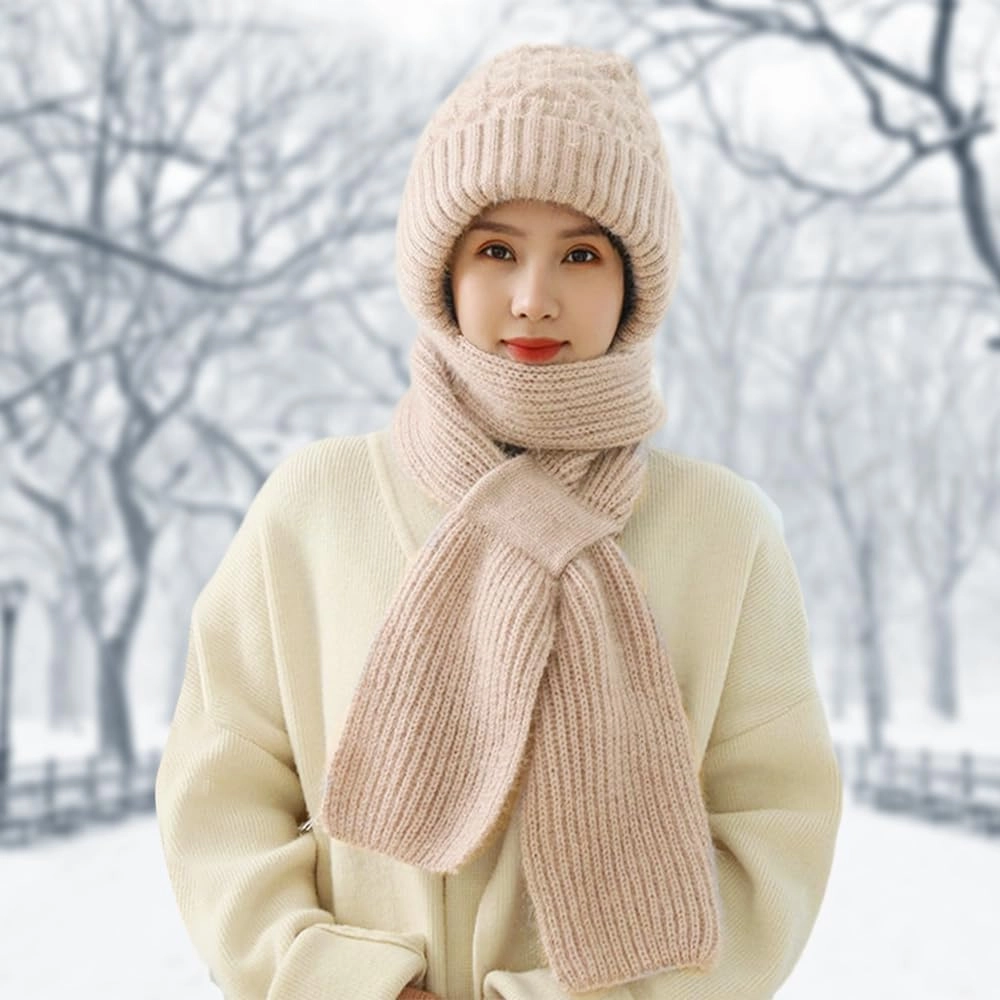 2024 New Integrated Ear Protection Windproof Cap Scarf, Winter Warm Knitting Thick Warm Ear Guard Hat Scarf for Women
