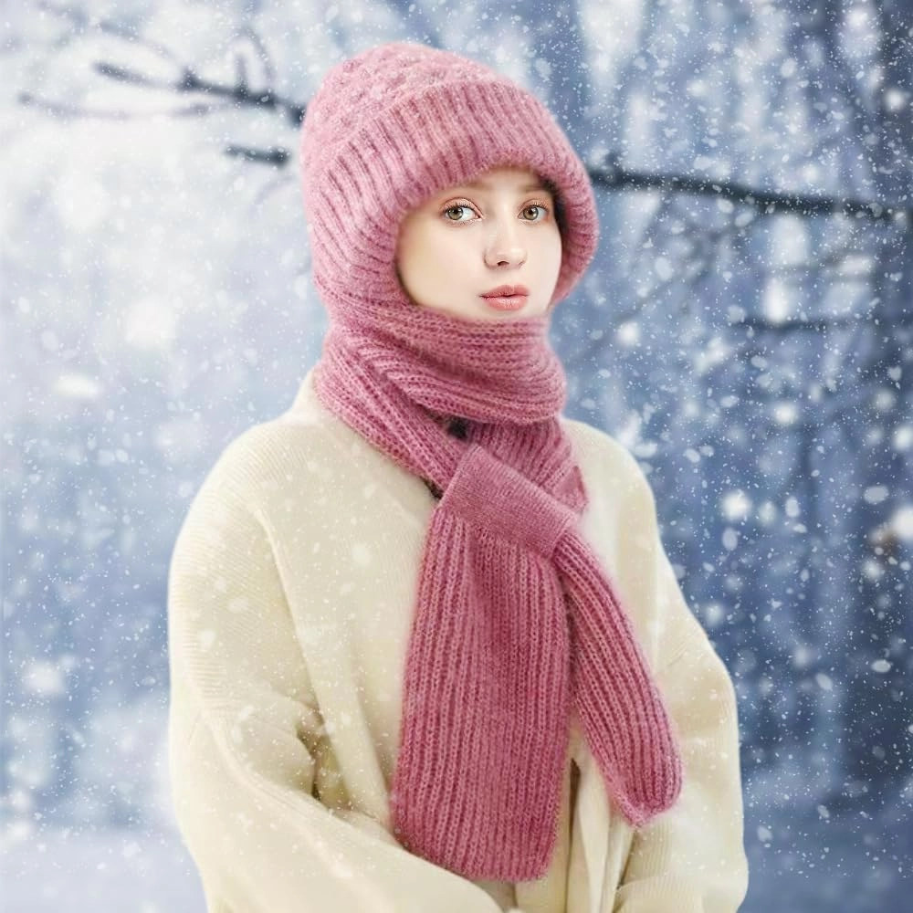 2024 New Integrated Ear Protection Windproof Cap Scarf, Winter Warm Knitting Thick Warm Ear Guard Hat Scarf for Women