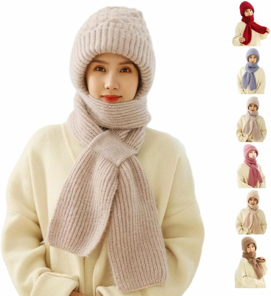 2024 New Integrated Ear Protection Windproof Cap Scarf, Winter Warm Knitting Thick Warm Ear Guard Hat Scarf for Women