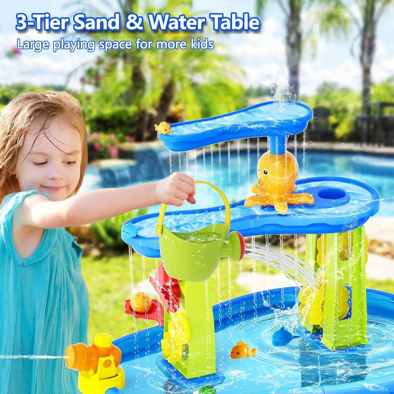 2025 Water Table for Toddlers 1-3, 3-Tier Kids Outdoor Water Table Toys, Splash Sand Water Tables for Kids, Sensory Play Table for Boy Girl 3-5 4-8 Beach Summer Outside Water Play, Blue&Green
