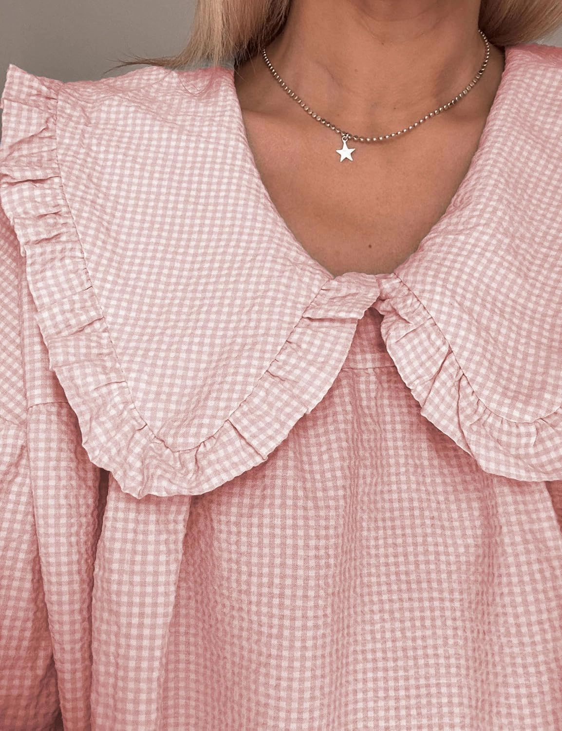 2025 Women's Babydoll 3/4 Puff Sleeve Plaid Mini Dress Lapel Doll Collar Loose Babydoll Dress for Women