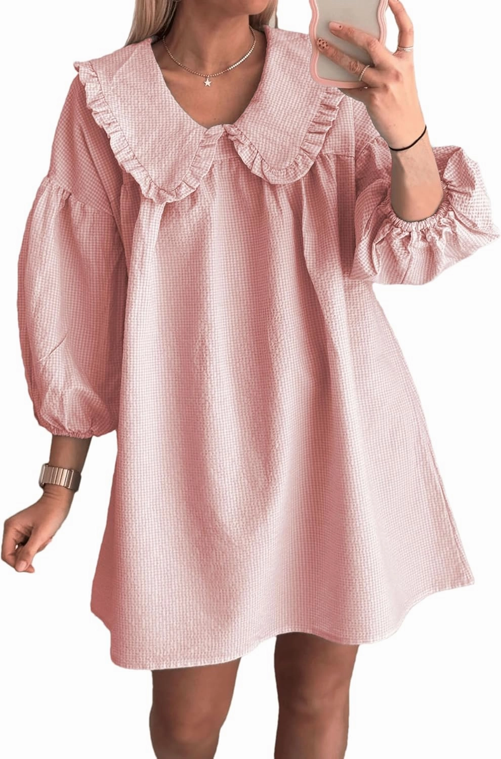 2025 Women's Babydoll 3/4 Puff Sleeve Plaid Mini Dress Lapel Doll Collar Loose Babydoll Dress for Women