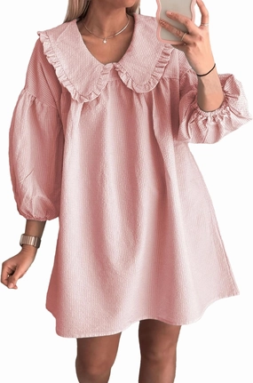 2025 Women's Babydoll 3/4 Puff Sleeve Plaid Mini Dress Lapel Doll Collar Loose Babydoll Dress for Women