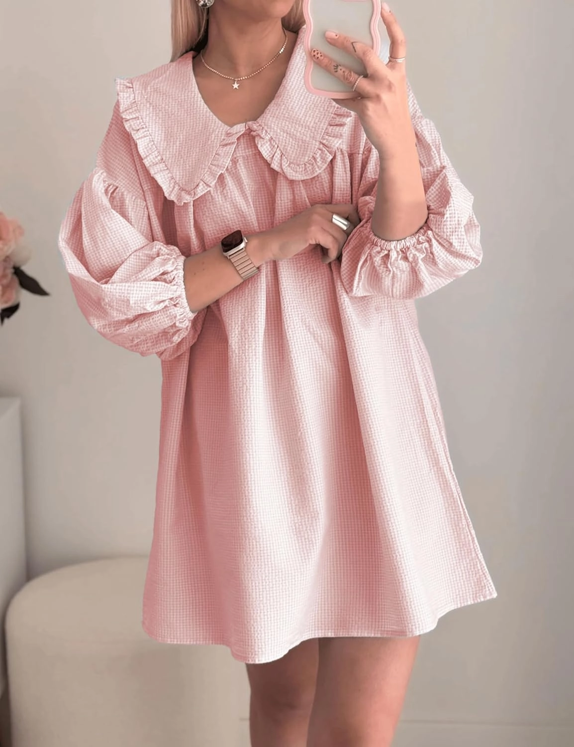 2025 Women's Babydoll 3/4 Puff Sleeve Plaid Mini Dress Lapel Doll Collar Loose Babydoll Dress for Women