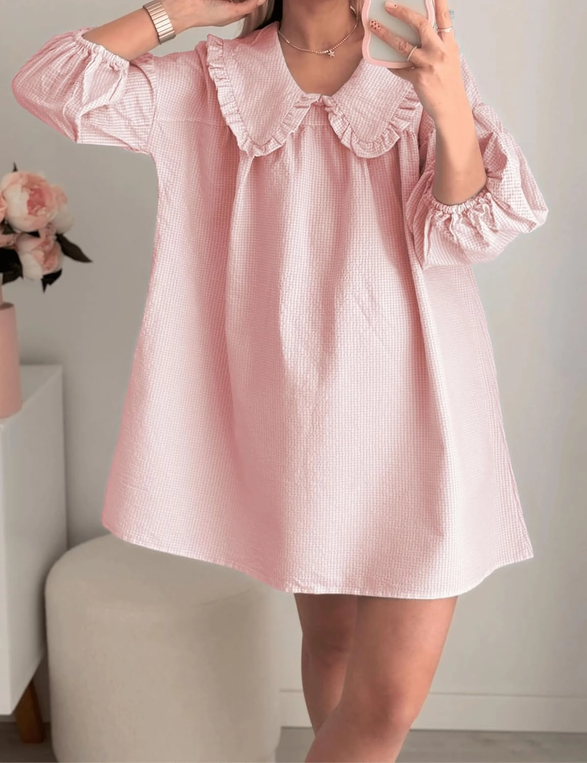 2025 Women's Babydoll 3/4 Puff Sleeve Plaid Mini Dress Lapel Doll Collar Loose Babydoll Dress for Women