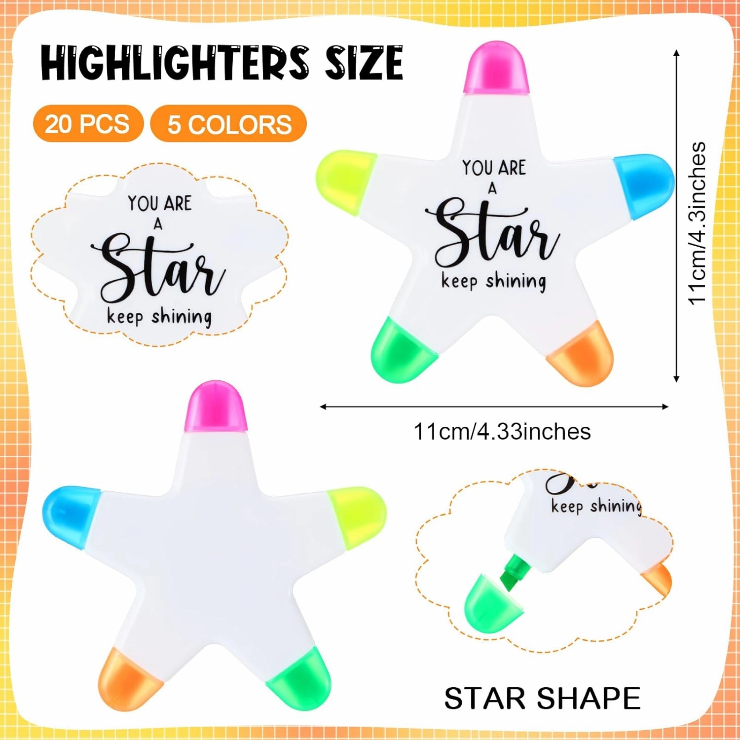 20 Pcs Multicolor Star Highlighters Student Gifts from Teacher Bulk Inspirational Gifts Highlighters Brush Tip 5 Colors Markers You're a Star Gifts