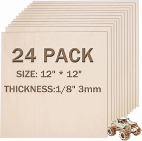 24 Pack 12"x12"x1/8" Basswood Sheets for Crafts - 3mm Unfinished Wood Plywood Crafts, Ideal for DIY Ornaments, Drawing, Painting, Engraving, Staining, Model Carving, Wood Burning, and Laser Cutting
