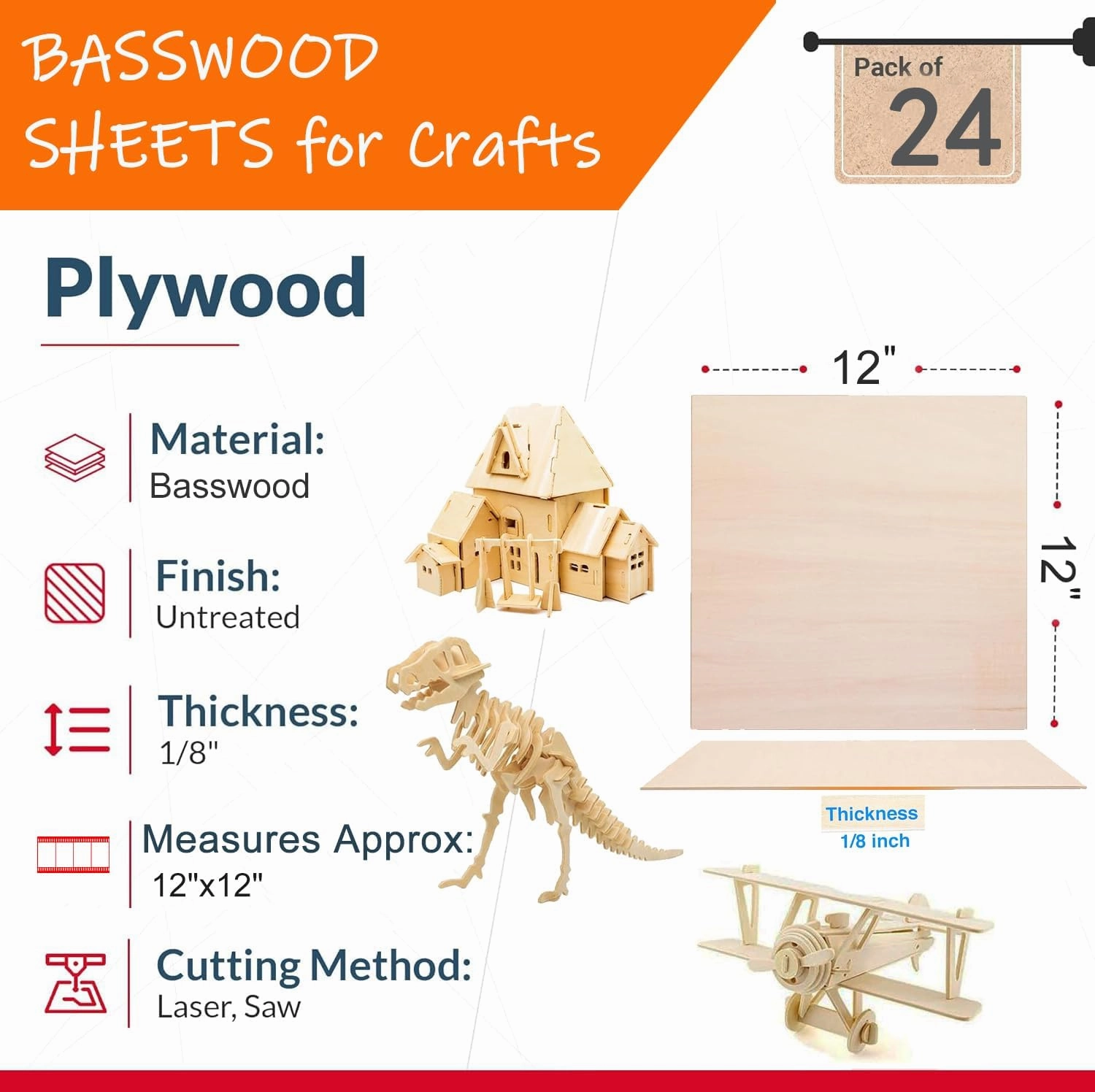 24 Pack 12"x12"x1/8" Basswood Sheets for Crafts - 3mm Unfinished Wood Plywood Crafts, Ideal for DIY Ornaments, Drawing, Painting, Engraving, Staining, Model Carving, Wood Burning, and Laser Cutting