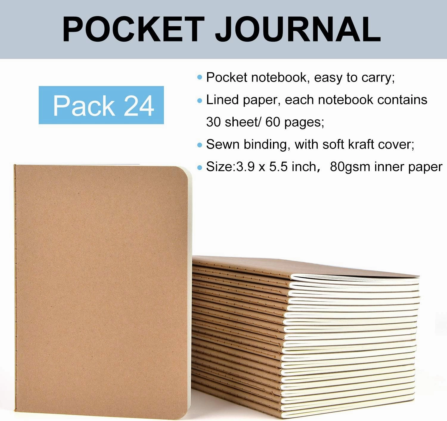 24 Pack Kraft Small Notebooks Bulk, 4x6 Kraft Paper Pocket Notebook with 60 Lined Pages, A6 Mini Travel Journal, Notes, Memo Notepads for Gifts, Students, Classroom, Business, Office Supplies